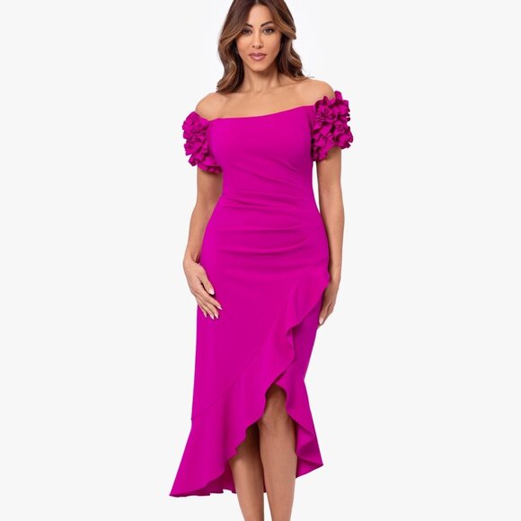 Xscape 3D Ruffle Off-the-Shoulder Midi Dress – Fuchsia | NWT | 14 Petite - Picture 1 of 4
